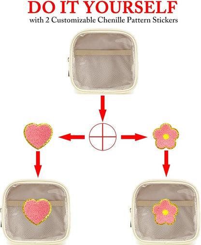 Clear Makeup Bag with 2 Cute Chenille patterns - Waterproof PU Leather Cosmetic Case, Mini Personalized Toiletry Pouch for Women & Teens, ideal for Travel & Gift