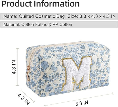 Gleyemor Personalized Initial Makeup Bag for Women, Cute Quilted Blue Floral Cotton Cosmetic Bag, Christmas Gifts for Her Mom Friend Sister Bridesmaid Teacher Women M