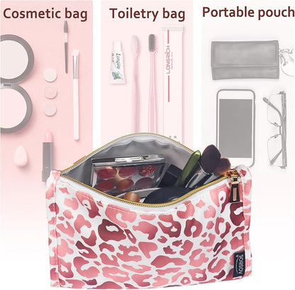 Aosbos Premium Small Makeup Bag, Compact Cosmetic Pouch, Travel-Size Make UP Case for Women, Leopard, Pink
