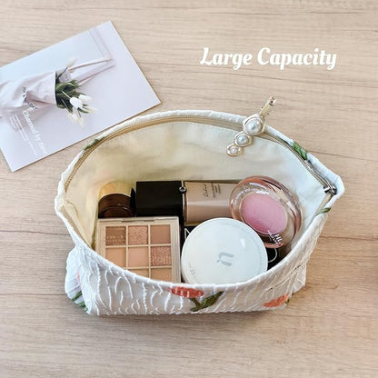 STARDW Aesthetic Floral Makeup Bag Cute Small Cosmetic Bags for Women Girls, Travel Toiletry Bag Large Capacity Zipper Makeup Pouch, Purse Organizer Pouches (Tulip White)