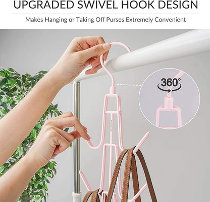 ZEDODIER Purse Hanger Organizer for Closet, Hanging Bag Holder, Keeping Purses Visible and in Good Condition, Metal Handbag Storage Hook Backpack Rack Space Saving Hanger, Pink