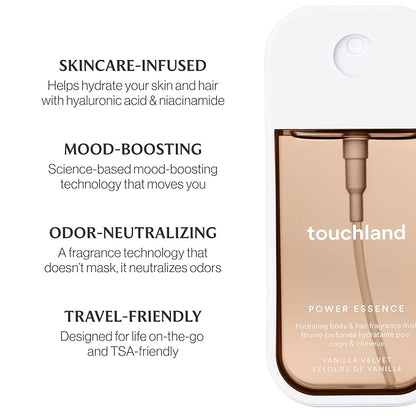 Touchland Hydrating Body & Hair Fragrance Mist, Vanilla Velvet, 2 FL. OZ. Travel Size Body Spray