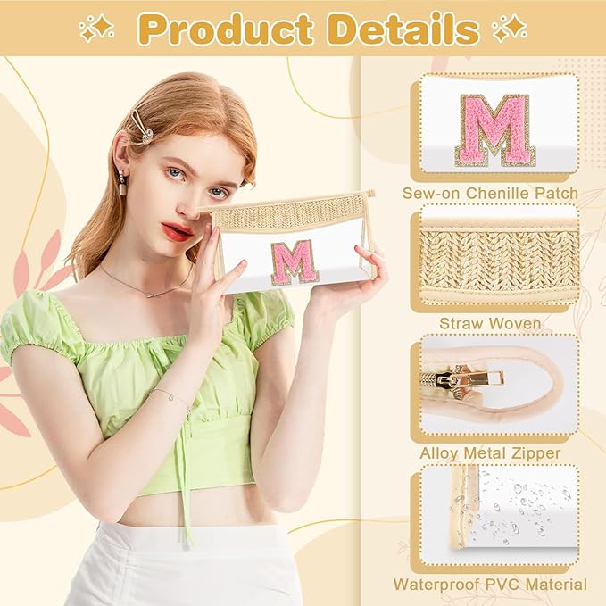 Small Boho Straw Initial Letter Makeup Bag Personalized Gift ,Cute Clear Chenille Patch Makeup Bag With Zipper,Trendy TSA Approved Travel Toiletry Bag,Gift for Women Girls Birthday Friend, Letter M