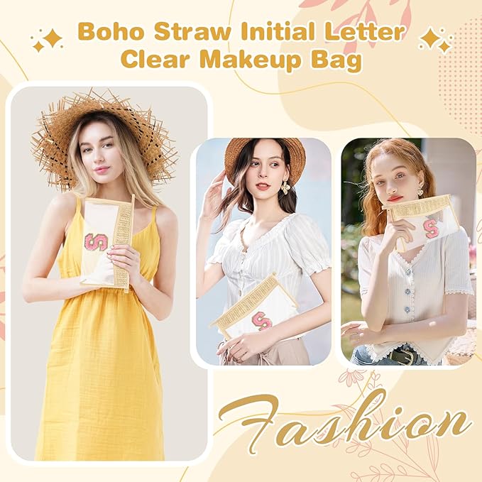 Small Boho Straw Initial Letter Makeup Bag Personalized Gift ,Cute Clear Chenille Patch Makeup Bag With Zipper,Trendy TSA Approved Travel Toiletry Bag,Gift for Women Girls Birthday Friend, Letter S