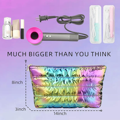 Hiroyuki Iridescent Quilted Makeup Bag, 3pcs Cute Makeup Bag Set, Large Capacity Cosmetic Organizer Travel Toiletry Pouch (plain, rainbow)