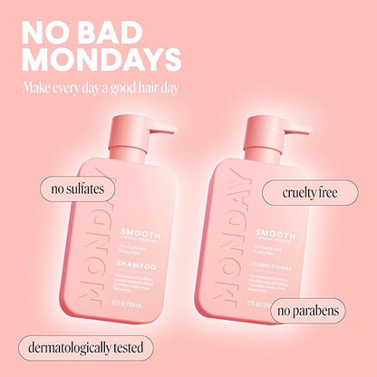 MONDAY HAIRCARE Smooth Shampoo + Conditioner Bathroom Set (2 Count) 12 oz Each For Frizzy, Coarse & Curly Hair Made with Coconut Oil, Shea Butter & Vitamin E 100% Recyclable Bottle Pink