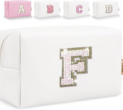 Small Personalized Glitter Initial Letter Makeup Bag, Cute PU Leather Chenille Letters Cosmetic Bag Travel Makeup Pouch, Preppy Travel Organizer Zipper Pouch for Women&Girls（White-F）