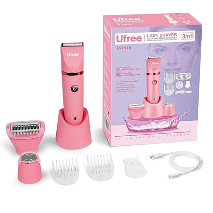 Ufree Bikini Trimmer Electric Razors for Women, Rechargeable Pubic Hair Trimmer Electric Shaver for Legs Body Hair, Bikini Shaver IPX7 Waterproof, Rose Red