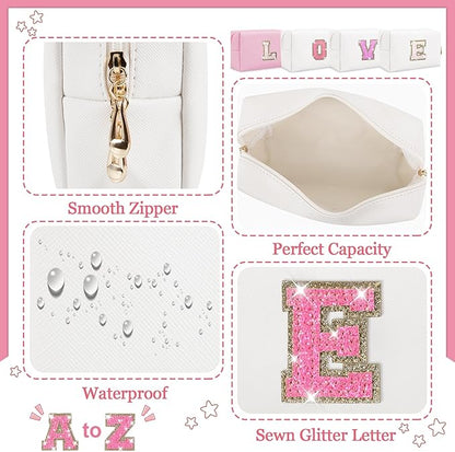 Personalized Initial Letter Makeup Bag, Preppy Glitter Letter Patch Cosmetic Pouch Zipper,PU Waterproof Travel Toiletry Bag Cute Makeup Organizer Monogrammed Make Up Bag,Gift for Women Girls(Letter E)
