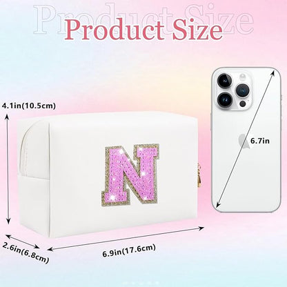 Glitter Initial Letter Makeup Bag, Small Personalized Sequins Letters PU Leather Cosmetic Bag Portable Waterproof Makeup Zipper Pouch, Shine Handbag Organizer Travel Bag Gifts for Women&Girls(White-N)