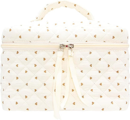 PAZIMIIK Quilted Makeup Bag Large Travel Zipper Soft Cosmetic Case for Women Girls Make Up,Gauze Heart Coffee