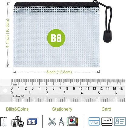 12 Pcs Plastic Mesh Zip File Bags, Waterproof Tear-Resistant Document File Folders, B8 Size Zipper Documents Pouch Document Organizer Bags for School Office Home Travel Storage(5×4.1 Inch)