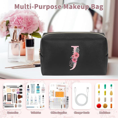 Personalized Initial Makeup Bag, Birthday Gifts for Women and Girls, Small Makeup Pouch Travel Toiletry Bag, Make Up Organizer Bag Gift Trendy Stuff for Friend Mom Teacher, Black