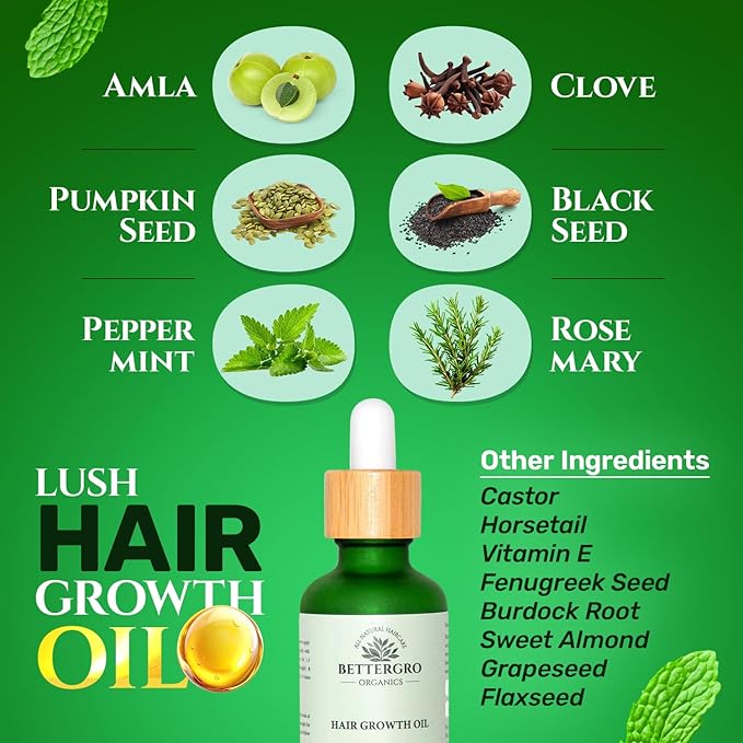 BetterGRO Organic Hair Growth Oil – Herbal & Natural Blend with Rosemary, Black Seed, Amla, Pumpkin Seed & More – Supports Growth, Strengthens Roots, Vegan & Cruelty-Free (1.7 fl oz)