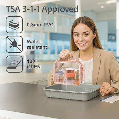 PACKISM Clear Makeup Bag - 2 Pack TSA Approved Toiletry Bag with Handle and 180° Large Opening, Clear Toiletry Bag Fit Carry-on Travel Essential, Travel Bags for Toiletries, Rose Pink