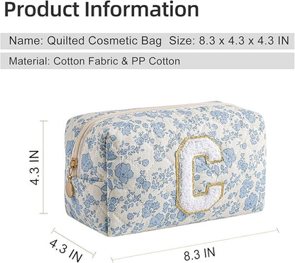 Gleyemor Personalized Initial Makeup Bag for Women, Cute Quilted Blue Floral Cotton Cosmetic Bag, Christmas Gifts for Her Mom Friend Sister Bridesmaid Teacher Women C
