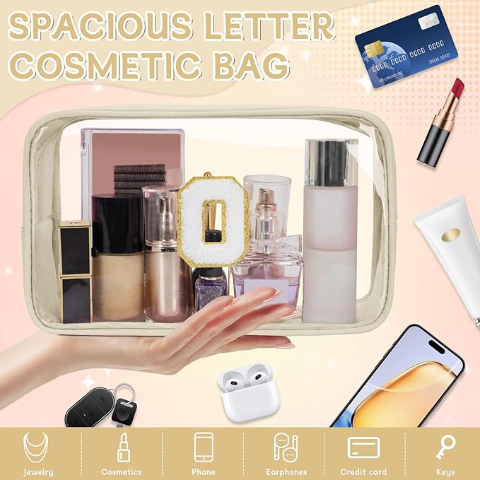 Personalized Initial Clear Makeup Bag, Travel Chenille Patch Cosmetic Bag, Preppy Toiletry Bag Monogram Cosmetic Pouch with Zipper, Ideal Gift for Teen Girls Women (Clear-Beige, O)