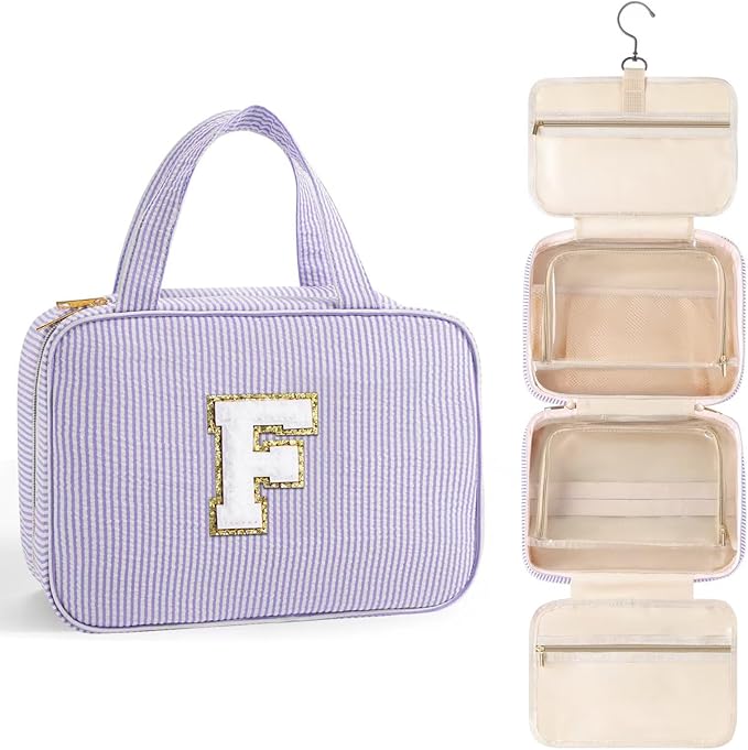 TOPEAST Gifts for Friends - Friendship Gifts for Women, Travel Toiletry Bag for Women, Hanging Toiletry Bag, Monogrammed Initial Toiletry Pouch Makeup Bag - Letter F, Purple