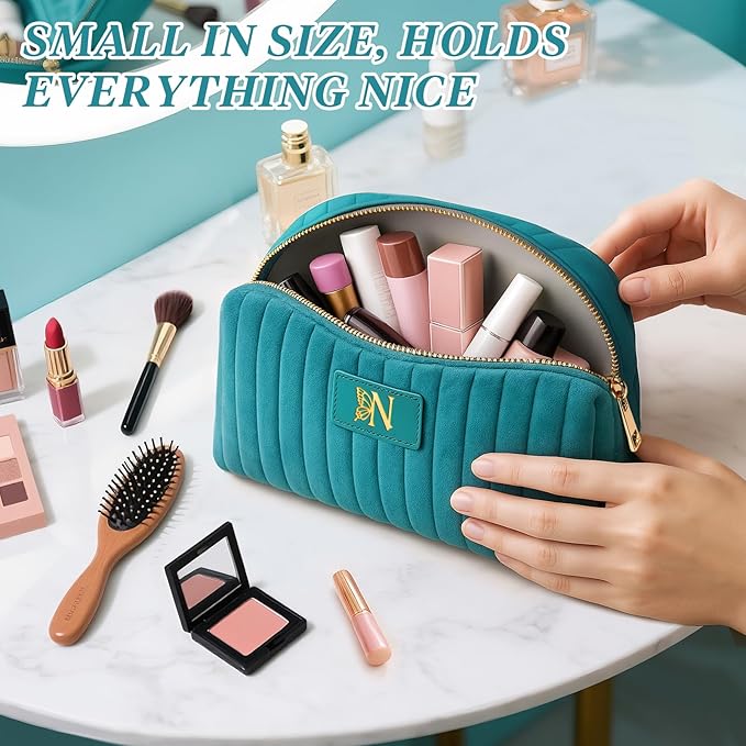Monogrammed Make Up Bags for Women,Personalized Cosmetic Bags Women,Small Quilted Makeup Pouch,Cute Makeup Bag Travel,Birthday Gifts for Teen Girl (Blue N)
