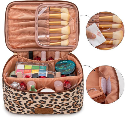 Montana West X Wrangler Travel Makeup Bag 2pcs Set Large Cosmetic Bag with Makeup Brush Holder Portable Make Up Organizer Cute Toiletry Bag with Divider and Handle for Women Leopard