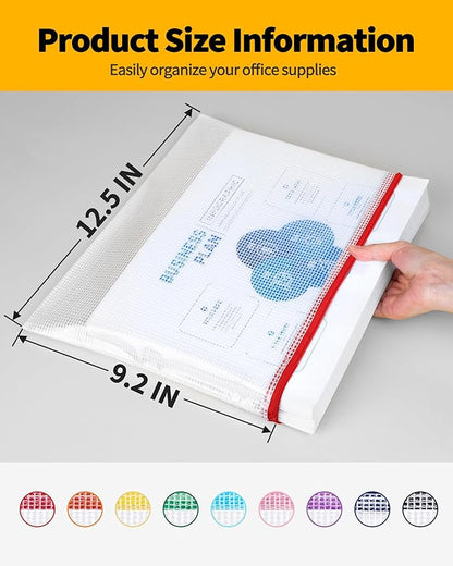 SUNEE Plastic Mesh Zipper Pouch 9.2x12.5 in (6 Colors, 18 Packs),Extra Large Water-Resistant Zip Bag for School Office Supplies, Puzzles & Games Organizing Storage