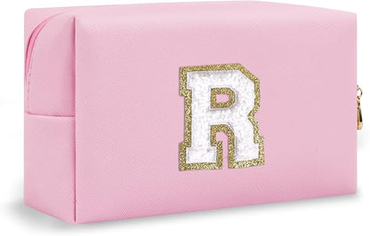 Small Travel Initial Preppy Makeup Bag, Personalized Pink Cute Cosmetic Organizer Chenille Letter Travel Toiltery Zipper Pouch, Monogram Makeup Storage Gifts for Friend Her Birthday Women(Letter R)