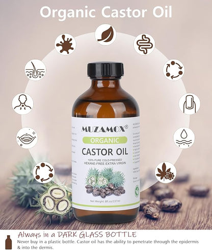 Castor Oil Pack Wrap & 8fl.oz Glass Bottle Set, Organic Cold-Pressed Unrefined Castor Oil Included
