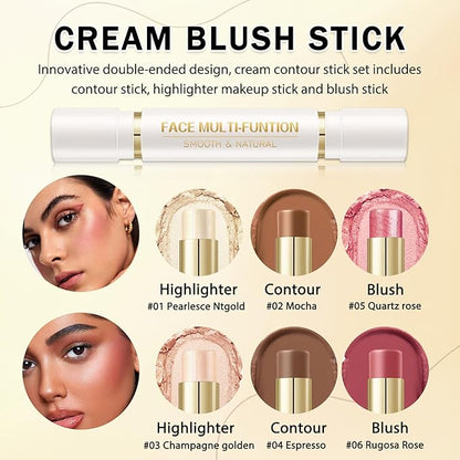 6 Colors Cream Contour Stick Makeup Kit, Double-ended Cream Highlighter Stick Bronzer and Blush Stick for Sculpt the Cheeks, Matte & Dewy Finish, Face Contour Kit for Beginners, Set B
