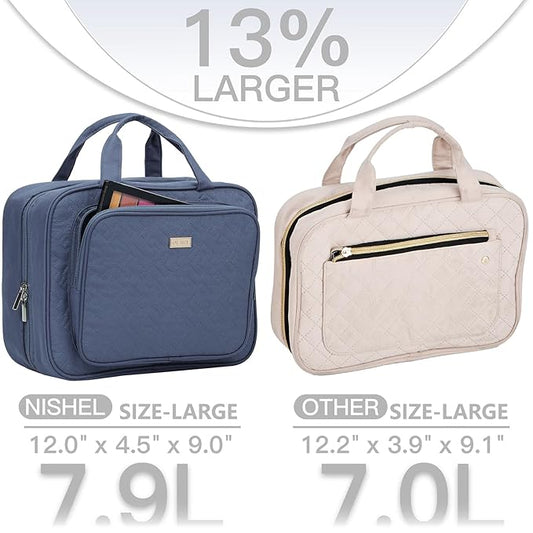 NISHEL Travel Toiletry Bag for Women Large Capacity, Makeup Essentials Organizer, Hanging Case for Accessories, Cosmetics, Aegean-Blue