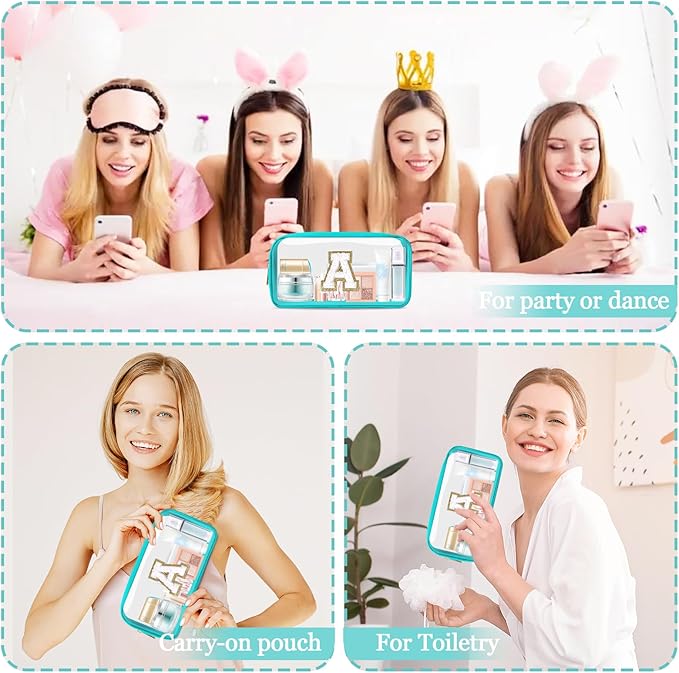 Small Clear Personalized Initial Makeup Bag,Nylon Preppy A-Z Chenille Letter Patch Cosmetic Pouch Beach Toiletry Bag,Waterproof Zipper Travel Purse Storage Bag Organizer for Women Girls(Cyan-White A)