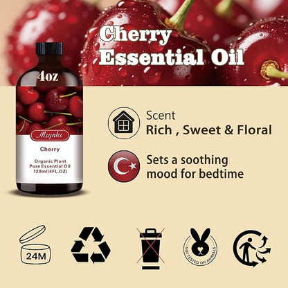 Cherry Essential Oil, Roll-on Cherry Oil Sets (4 Fl Oz + 0.33 Fl Oz) - 100% Natural, Diffuser, Massage, Yoga, DIY Soap and Candle Making - Home Fragrance, Fragrance Oils, Gifts, Spa Care