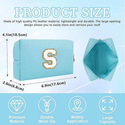 Personalized Initial Letter Patch Makeup Bag, Preppy Portable Chenille Cosmetic Bag with Zipper, PU Leather Waterproof Travel Toiletry Bag Monogram Make Up Pouch for Women Girls