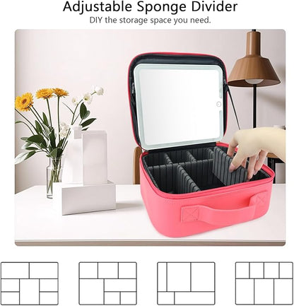 Travel Makeup Bag with LED Mirror Travel Makeup Organizer with 3 Lighted Settings, Adjustable Dividers and Makeup Brush Storage Bag Light Red