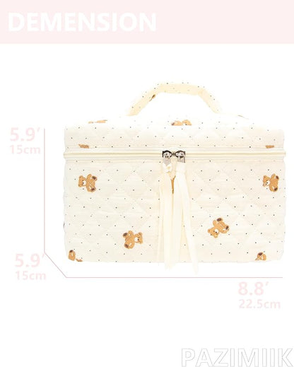 PAZIMIIK Quilted Makeup Bag Large Travel Zipper Soft Cosmetic Case for Women Girls Make Up,Gauze Bear