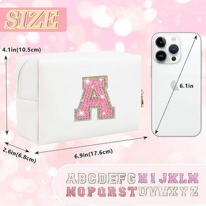 Personalized Initial Letter Makeup Bag, Preppy Glitter Letter Patch Cosmetic Pouch Zipper,PU Waterproof Travel Toiletry Bag Cute Makeup Organizer Monogrammed Make Up Bag,Gift for Women Girls(Letter A)