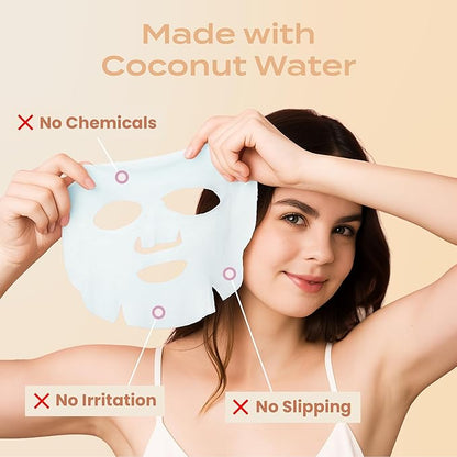 Body Restore Natural Collagen Face Mask 5 Pack – Korean Skin Care Mask with Fermented Coconut Water, Christmas Stocking Stuffers, White Elephant, Birthday Gifts for Women & Men, Dry Skin - Glow