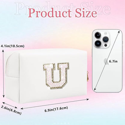 Small Personalized Glitter Initial Letter Makeup Bag, Cute PU Leather Chenille Letters Cosmetic Bag Travel Makeup Pouch, Preppy Travel Organizer Zipper Pouch for Women&Girls（White-U）