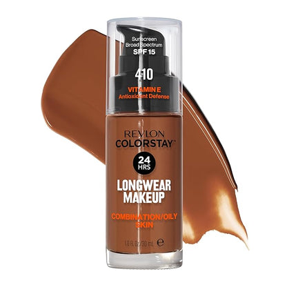 Revlon Liquid Foundation, ColorStay Face Makeup for Combination & Oily Skin, SPF 15, Medium-Full Coverage with Matte Finish, Cappuccino (410), 1.0 Oz