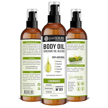 pureSCRUBS Ultra Moisturizing Lemongrass Body Oil Spray for Dry Skin, Massage, & More, Organic Super Blend of Jojoba, Argan, Coconut, Sweet Almond & Avocado Oils Enriched with Vitamin E, Lg 4oz
