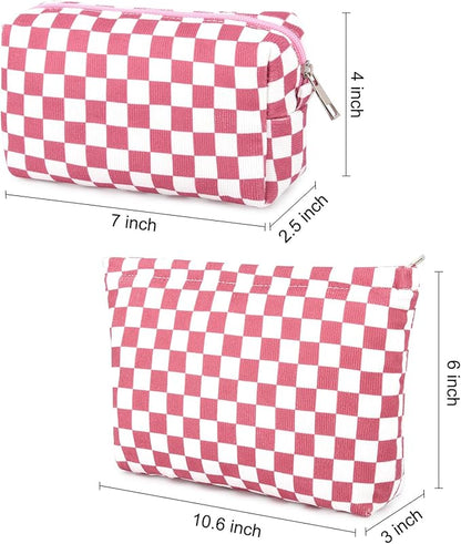 SOIDRAM 2 Pcs Checkered Makeup Bag Large Cosmetic Bag Toiletry Bag Makeup Pouch Travel Bag Organizer Cute Makeup Brushes Aesthetic Accessories Storage Bag for Women Peach Pink