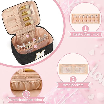 OCHEAL Makeup Bag for Women, Monogram Cosmetic Bag with Brush Holder,Black Travel Makeup Case Beauty Toiletry Bag Organizer Personalized Gifts for Girls Bridesmaid, Sister, Wife, Friends Initial M