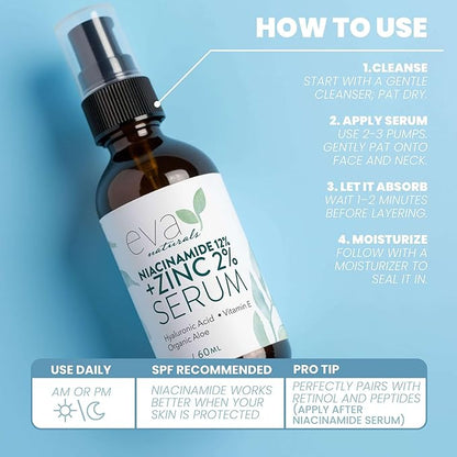Eva Naturals Niacinamide 12% + Zinc Serum for Face – Dark Spot Remover, Pore Minimizer, Redness Relief, Hydrating Vitamin B3 with Botanical Hyaluronic Acid, Anti-Aging Serum for Clear Skin (2 Pack)