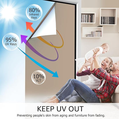 HIDBEA One Way Mirror Window Film, Daytime Privacy Sun Blocking Reflective Window Film Static Cling Heat Control Window Tinting Film for Home and Office, Brown Silver, 35.4 x 98.4 Inch