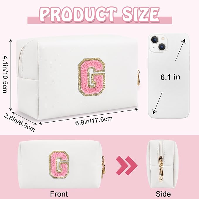 Personalized Initial Preppy Makeup Bag Organizer, Small Travel Cute White Cosmetic Bag Toiletry Zipper Pouch, Portable Waterproof PU Leather Monogram Makeup Case for Teacher Graduation Gift(Letter G)