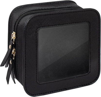 Small Clear Makeup Bag for Purse Travel Cosmetic Case Transparent Toiletry Bag with Zipper, Portable Make Up Organizer Traveling Compact Car Bag for Essentials (Black, Mini)
