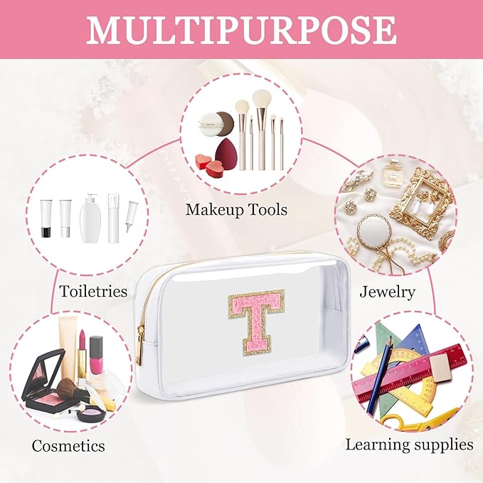 Small Clear Personalized Initial Makeup Bag, Preppy Nylon A-Z Chenille Letter Patch Makeup Organizer TSA Approved Travel Toiletry Bag,Waterproof Zip Beach Cosmetic Pouch Purse for Women(White-Pink T)