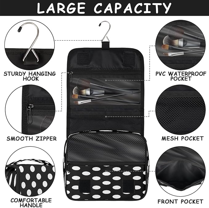 Travel Toiletry Bag for Women & Men White Black Polka Dot Hanging Cosmetic Organizer Portable Waterproof Makeup Case Make Up Bag with Compartments Travel Essentials for Bathroom Shower