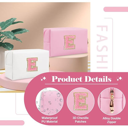 Personalized Initial A-Z Preppy Patch Makeup Bag,Small PU Leather Chenille Letter Cosmetic Bag with Zipper for Teen Girls,Pink Cute Travel Toiletry Bag,Birthday Monogrammed Gift for Daughter,Letter E