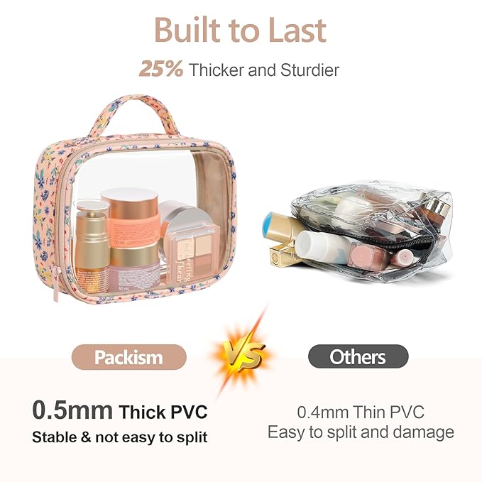 PACKISM Clear Makeup Bag - 2 Pack TSA Approved Toiletry Bag with Handle and 180° Large Opening, Clear Toiletry Bag Fit Carry-on Travel Essential, Travel Bags for Toiletries, Nude Pink Ditsy Floral