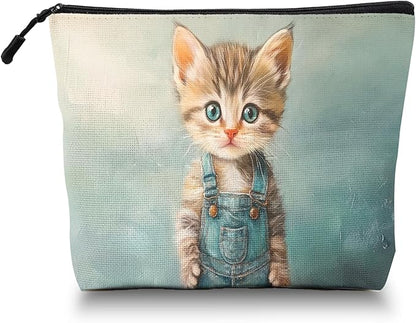 Cosmetic Bags Travel Makeup Toilet Case Waterproof Pouch for Women Girls 6.7X9.45inches - The Adorable Allure of A Kitten in Blue Overalls